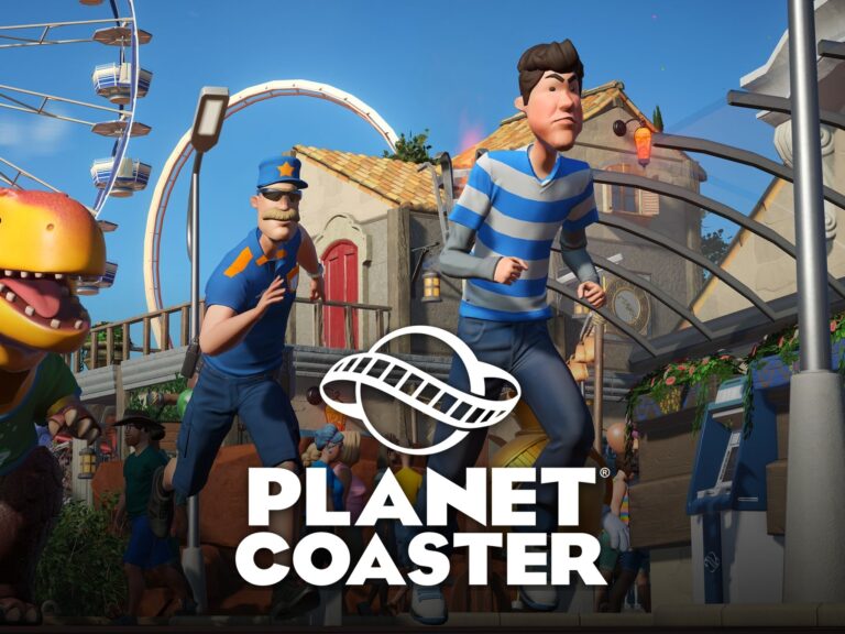 Planet Coaster: Parkbesucher und ein Mitarbeiter laufen vor einem Riesenrad und einer Achterbahn, darüber das Planet-Coaster-Logo