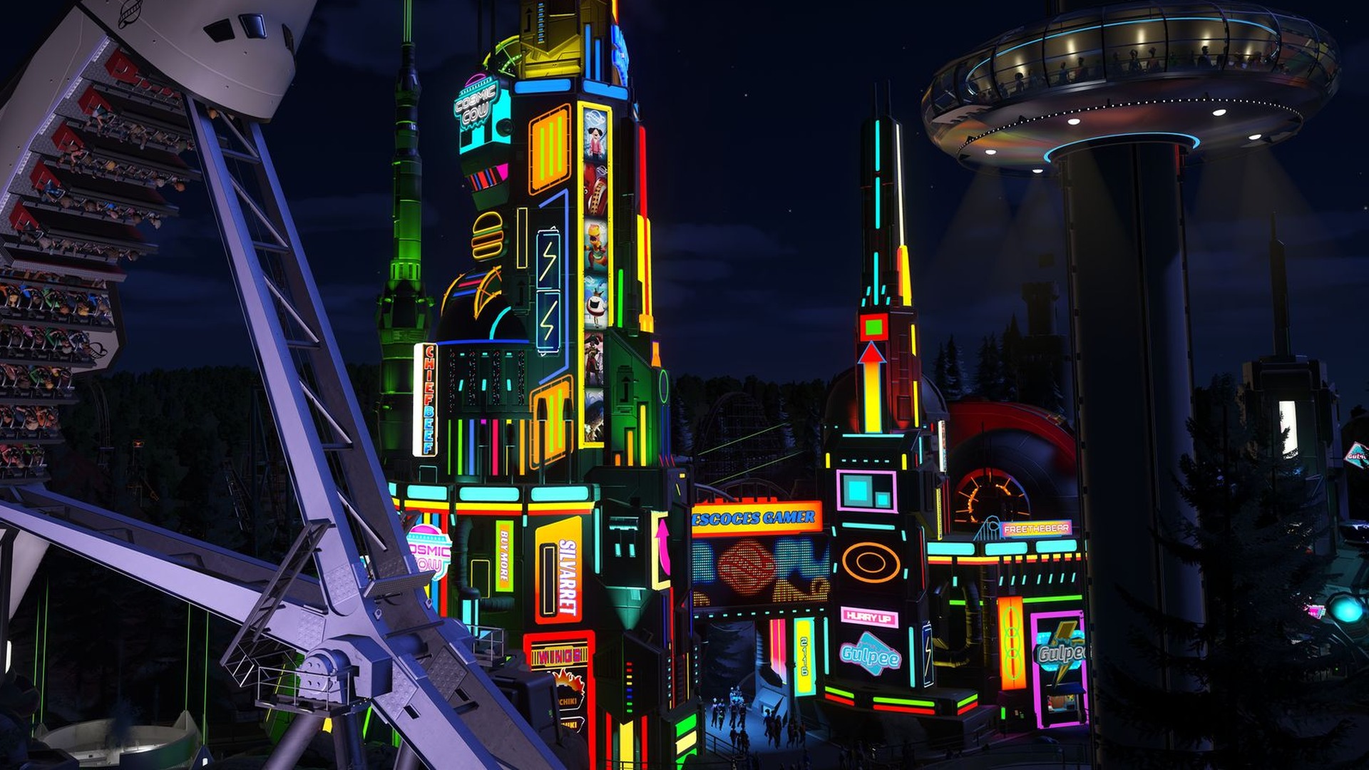 Planet Coaster: Neonbeleuchtete Fahrgeschäfte bei Nacht