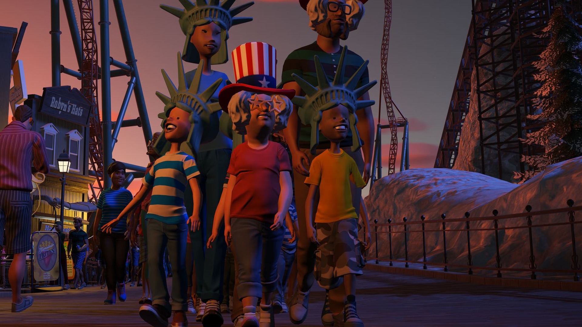 Planet Coaster: Besucher vor amerikanischen Animatronic-Figuren