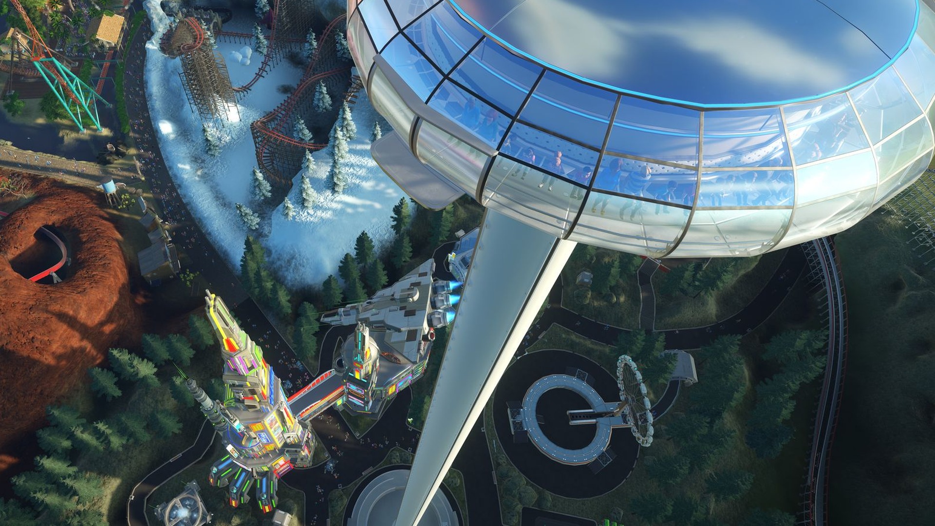 Planet Coaster: Ein Fahrgeschäft im Sci-Fi-Stil mit großer Kuppel