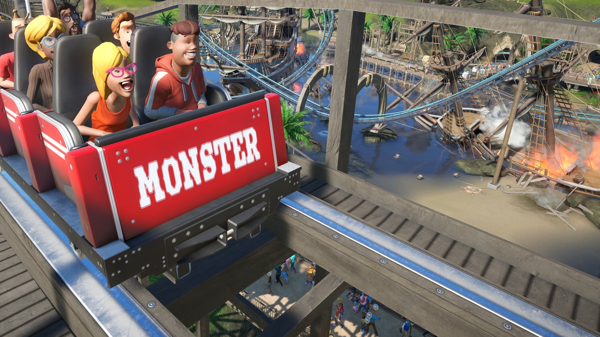 Planet Coaster: Fahrgäste in einem roten Achterbahnwagen namens Monster