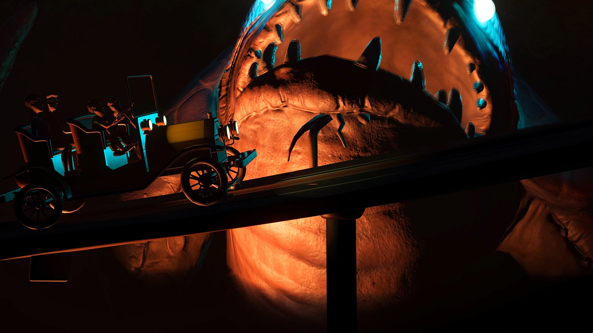 Planet Coaster: Eine Bahn fährt in einen leuchtenden Monsterschlund