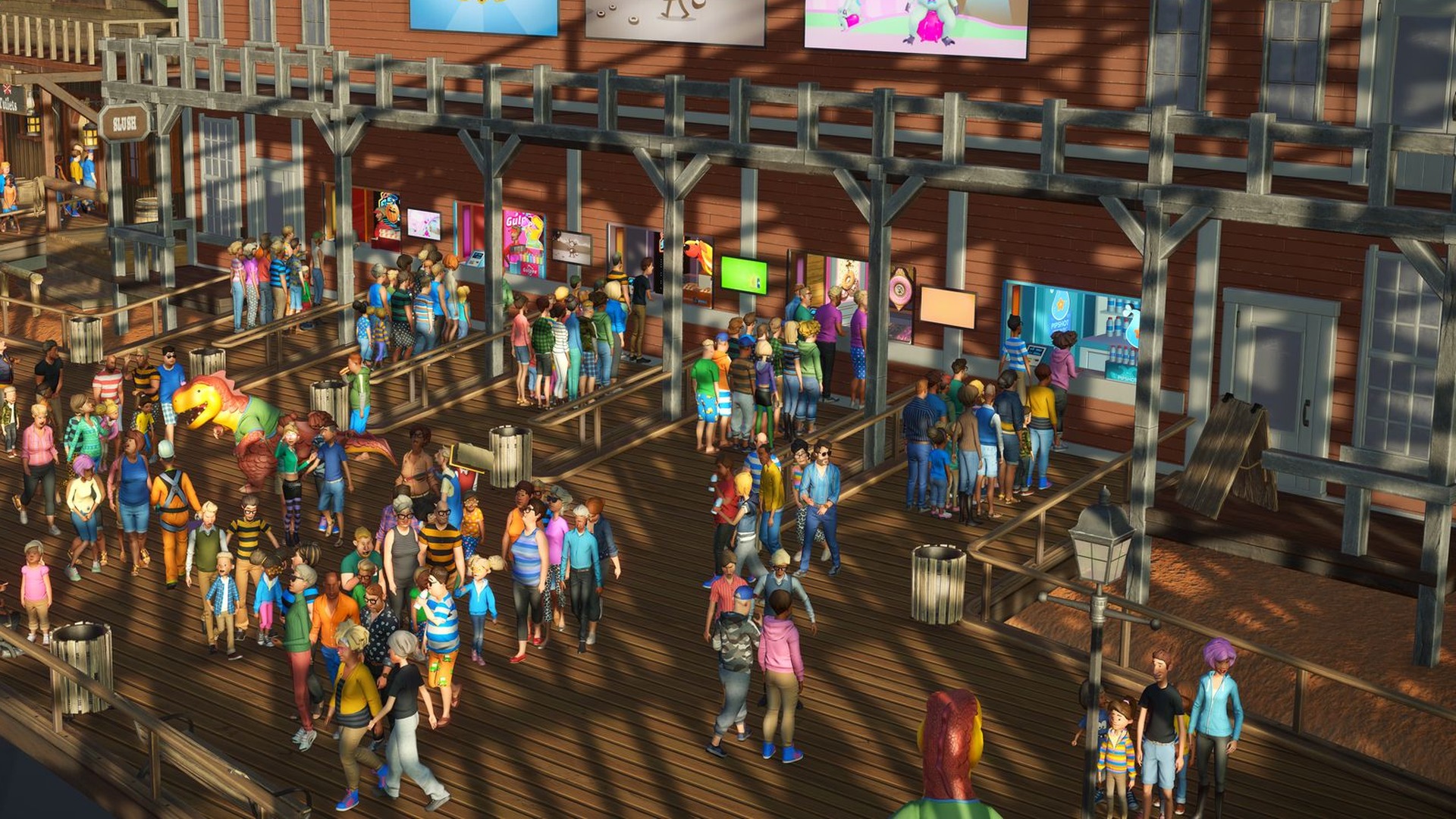 Planet Coaster: Viele Besucher auf einer belebten Promenade