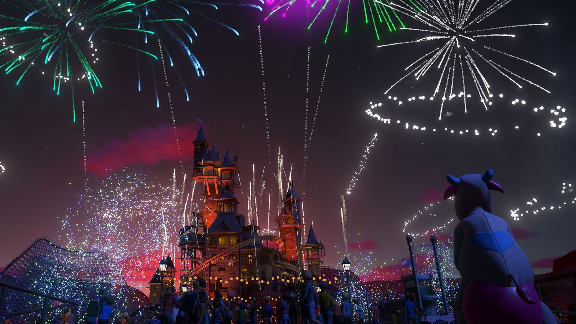 Planet Coaster: Buntes Feuerwerk über einer Märchenburg