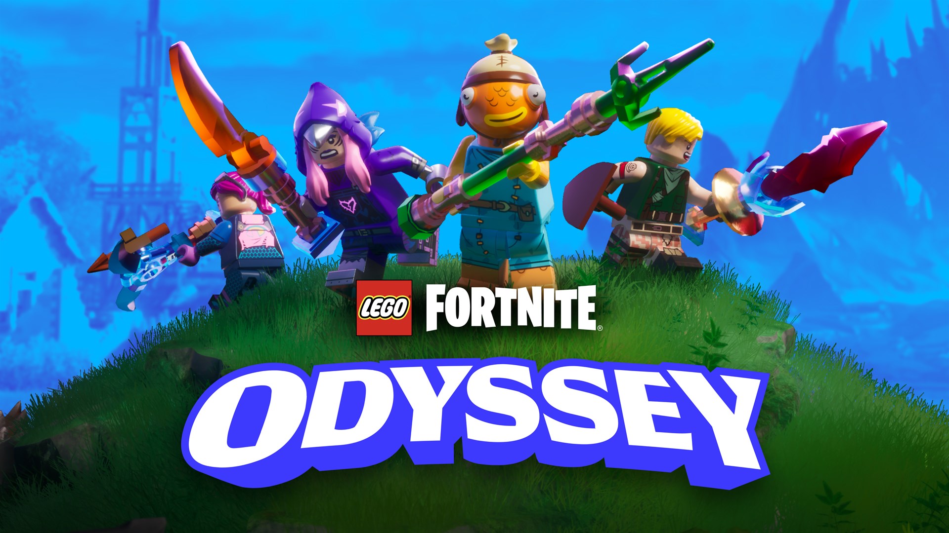 LEGO Fortnite Odyssey: LEGO-Figuren auf einem grünen Hügel