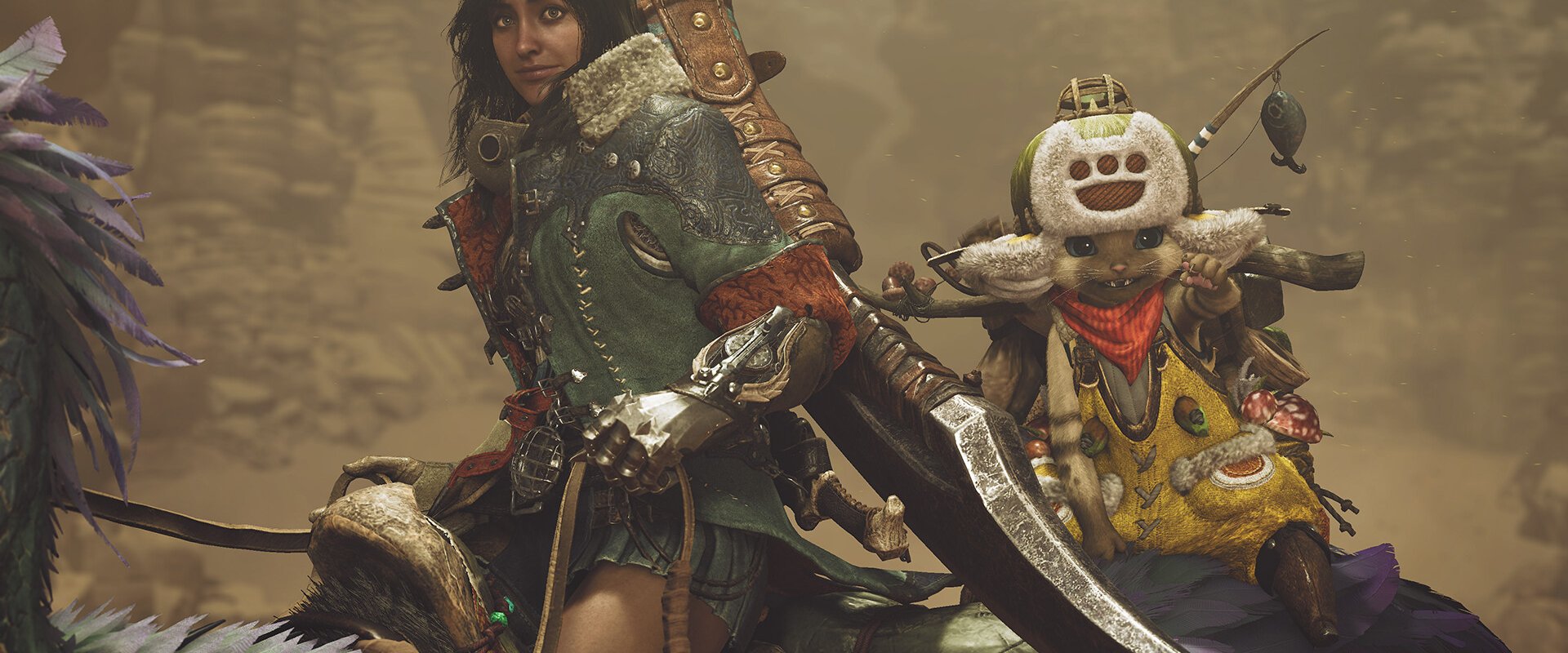 Jägerin mit Palico-Begleiter in Kampfpose