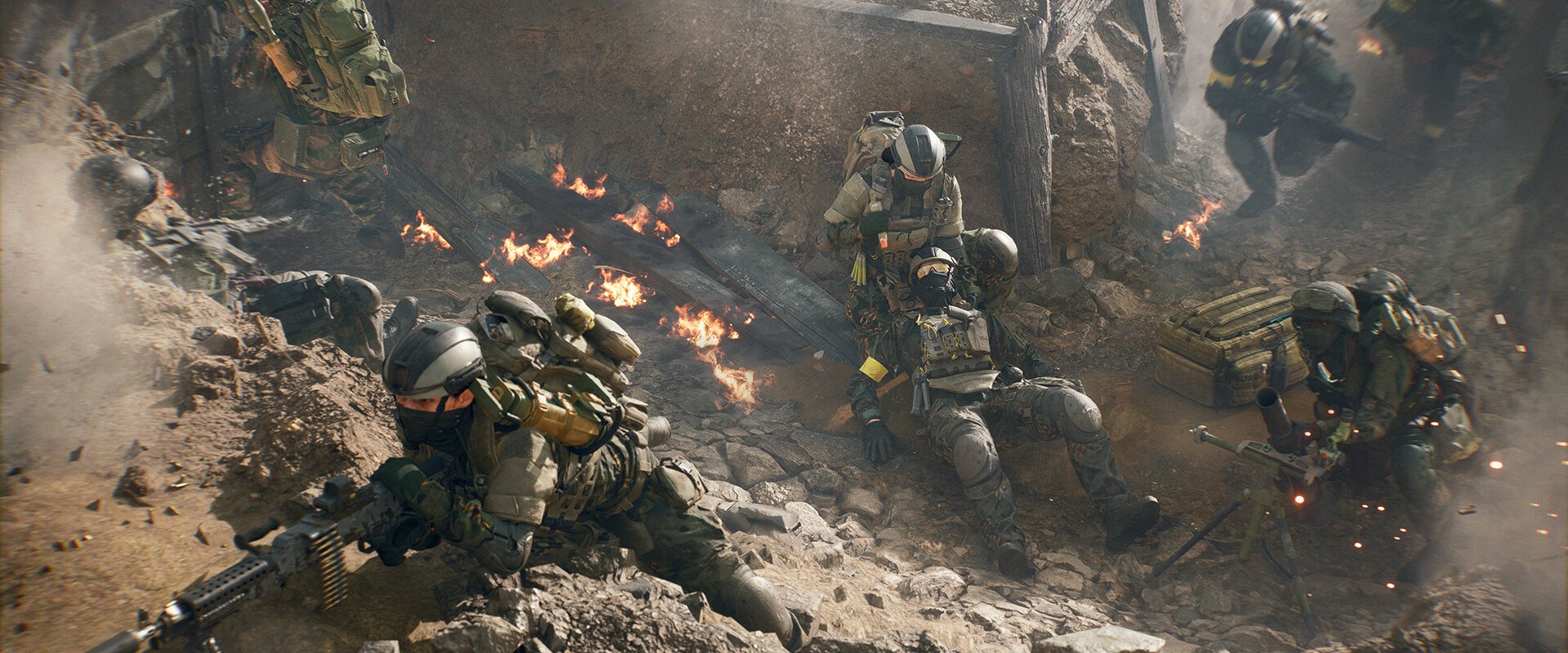 Soldaten im Gefecht inmitten von Zerstörung