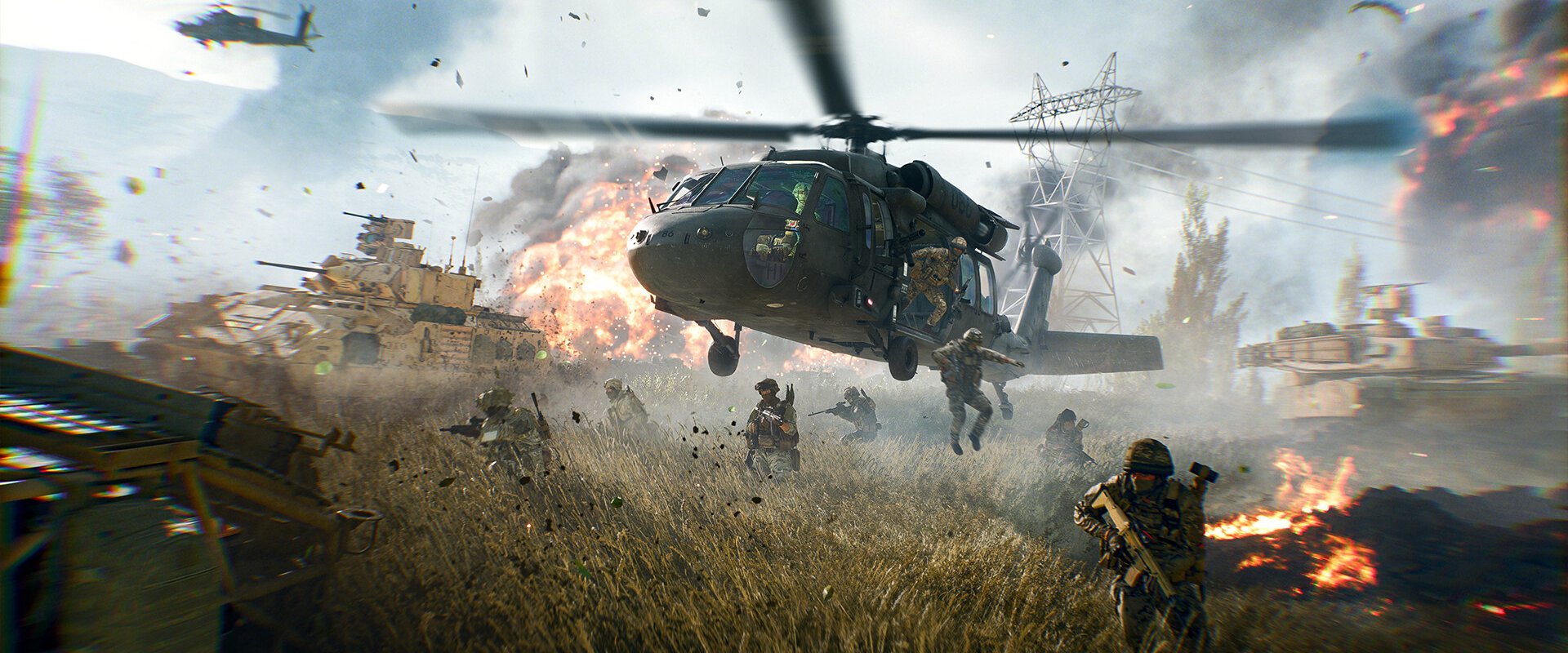 Hubschrauber über einem brennenden Schlachtfeld