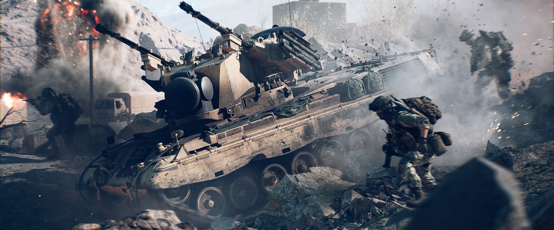 Panzer und Infanterie in einer verwüsteten Landschaft