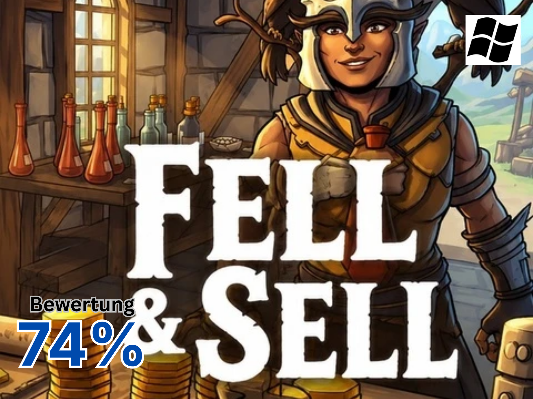 Spielcover von Fell & Sell mit einer Händlerin im Helm vor einem Regal mit Tränken