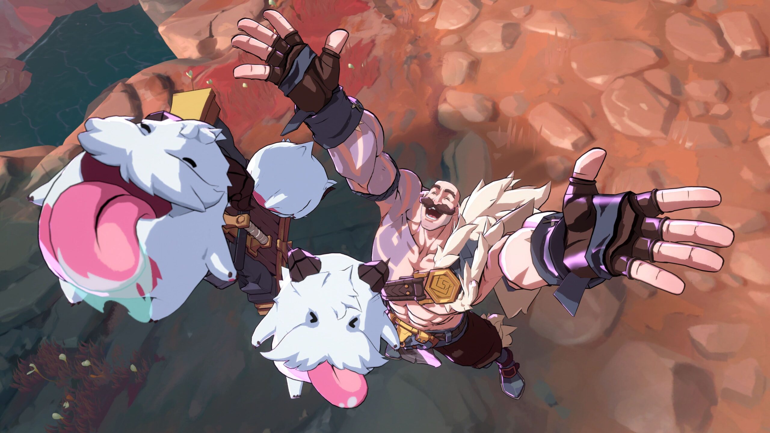 2XKO – Braum und zwei Poros auf rotem Felsboden