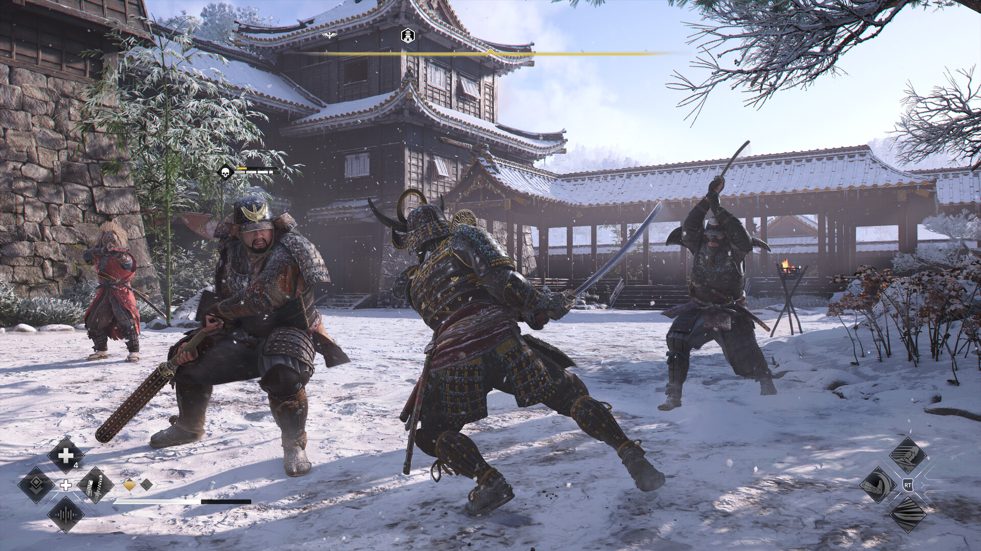 Assassin's Creed Shadows: Schwertkampf im Schnee vor einer Burg