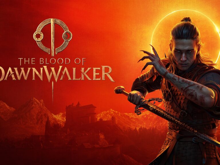 The Blood of Dawnwalker Key Art mit Coen vor Burg und Sonnenfinsternis, offizielles Logo