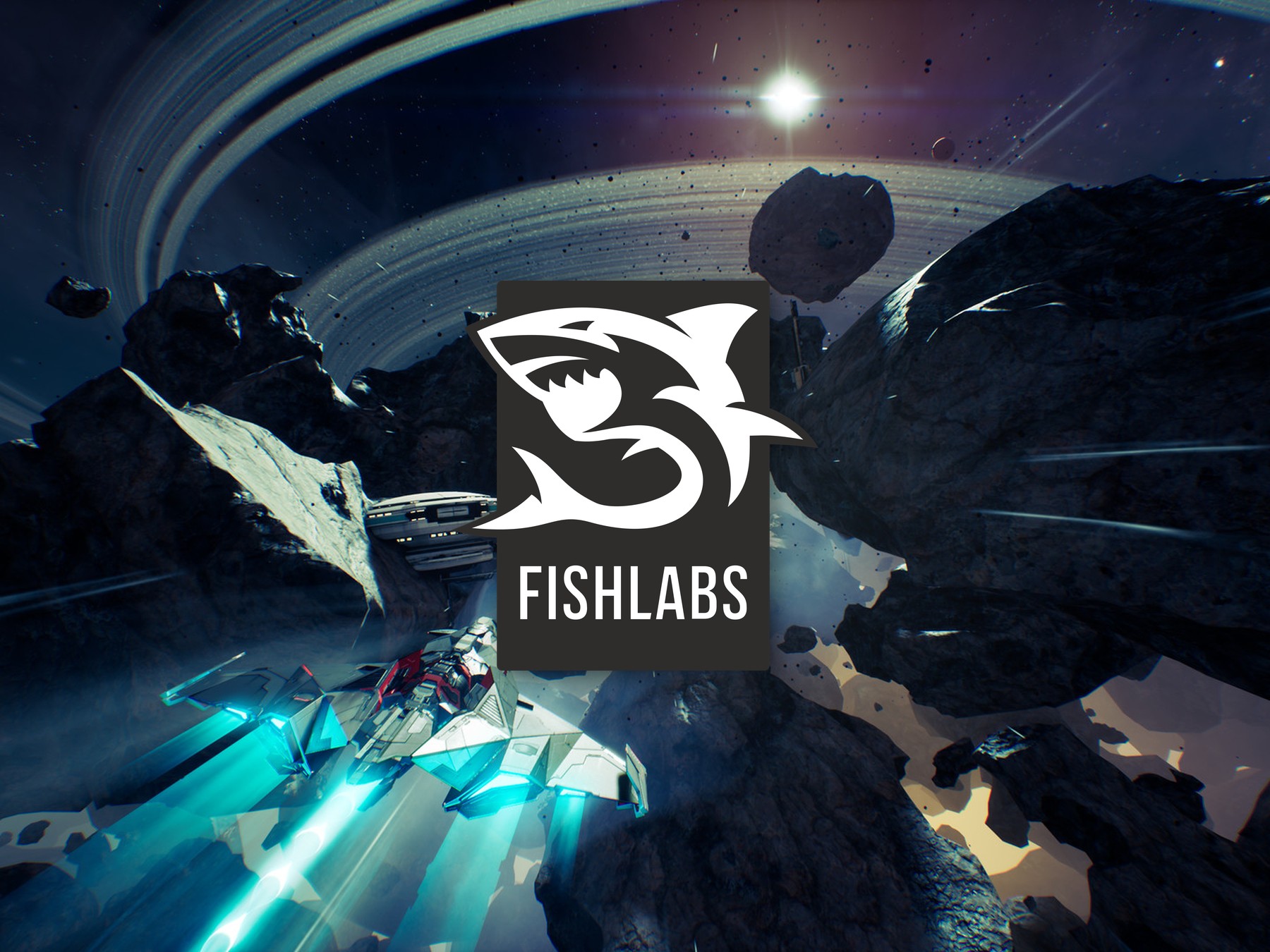Raumschiff im Asteroidenfeld aus Chorus mit dem Fishlabs-Logo