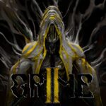 GRIME II – Verhüllte Gestalt mit gelben Akzenten vor Tentakeln mit offiziellem Spiellogo