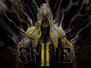 GRIME II – Verhüllte Gestalt mit gelben Akzenten vor Tentakeln mit offiziellem Spiellogo