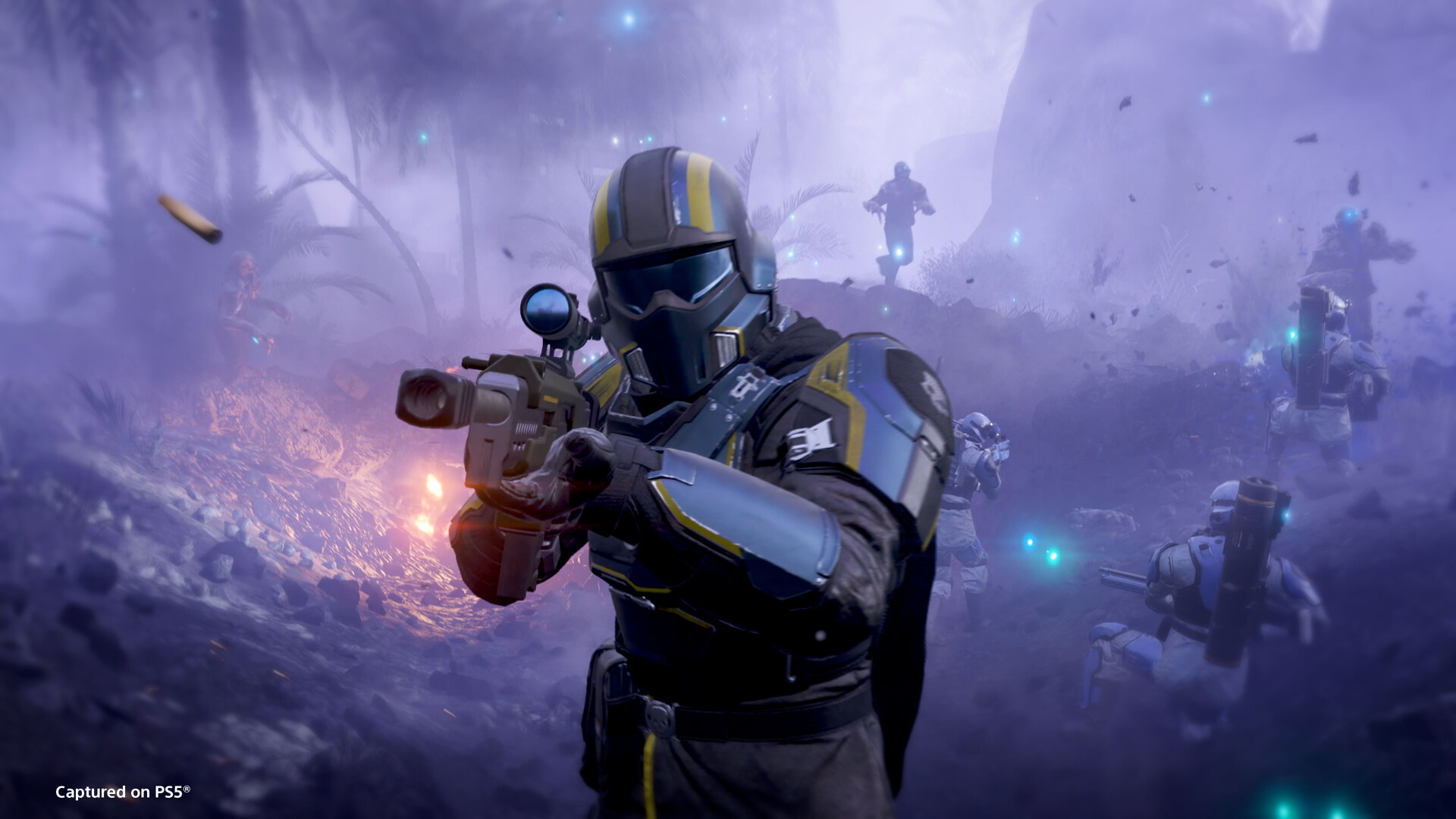 Helldivers 2: Soldaten im Kampf unter purpurnem Himmel