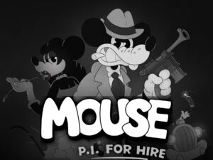 MOUSE: P.I. For Hire – Jack Pepper und Gangster im Schwarz-Weiß-Cartoonstil mit offiziellem Spiellogo