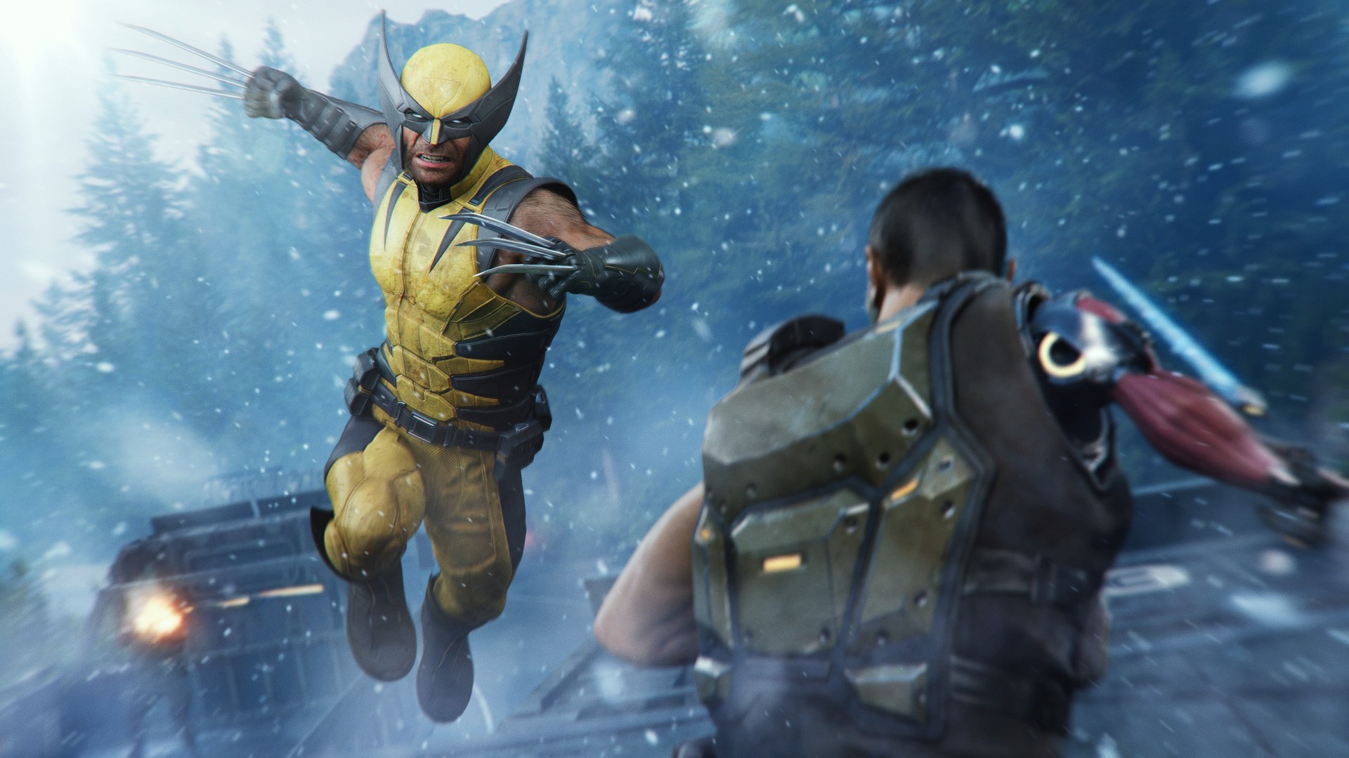 Marvel's Wolverine: Wolverine springt im Schneesturm auf einen Reaver-Soldaten