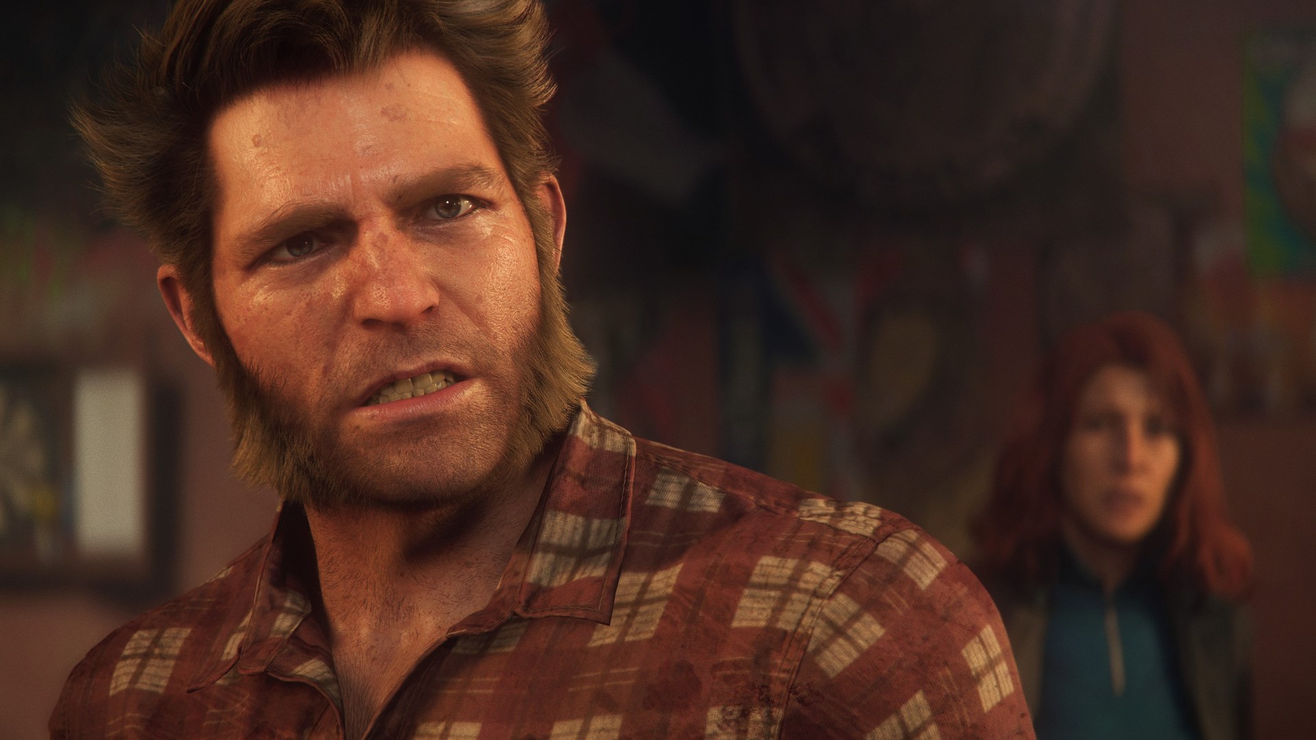 Marvel's Wolverine: Logan in Holzfällerhemd, im Hintergrund Jean Grey