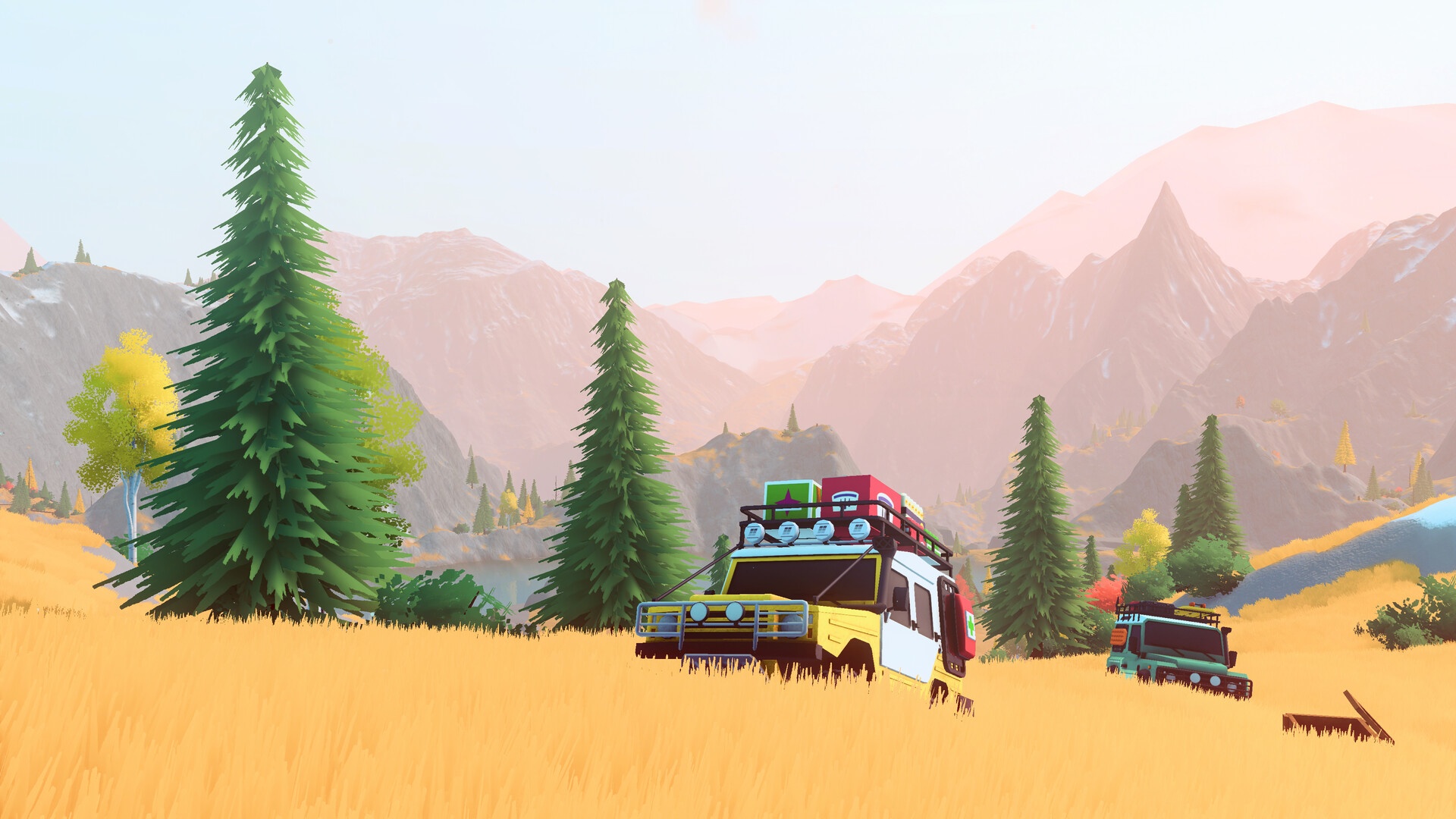 Over the Hill: Ein Geländewagen mit Dachgepäck in einer goldenen Wiesenlandschaft