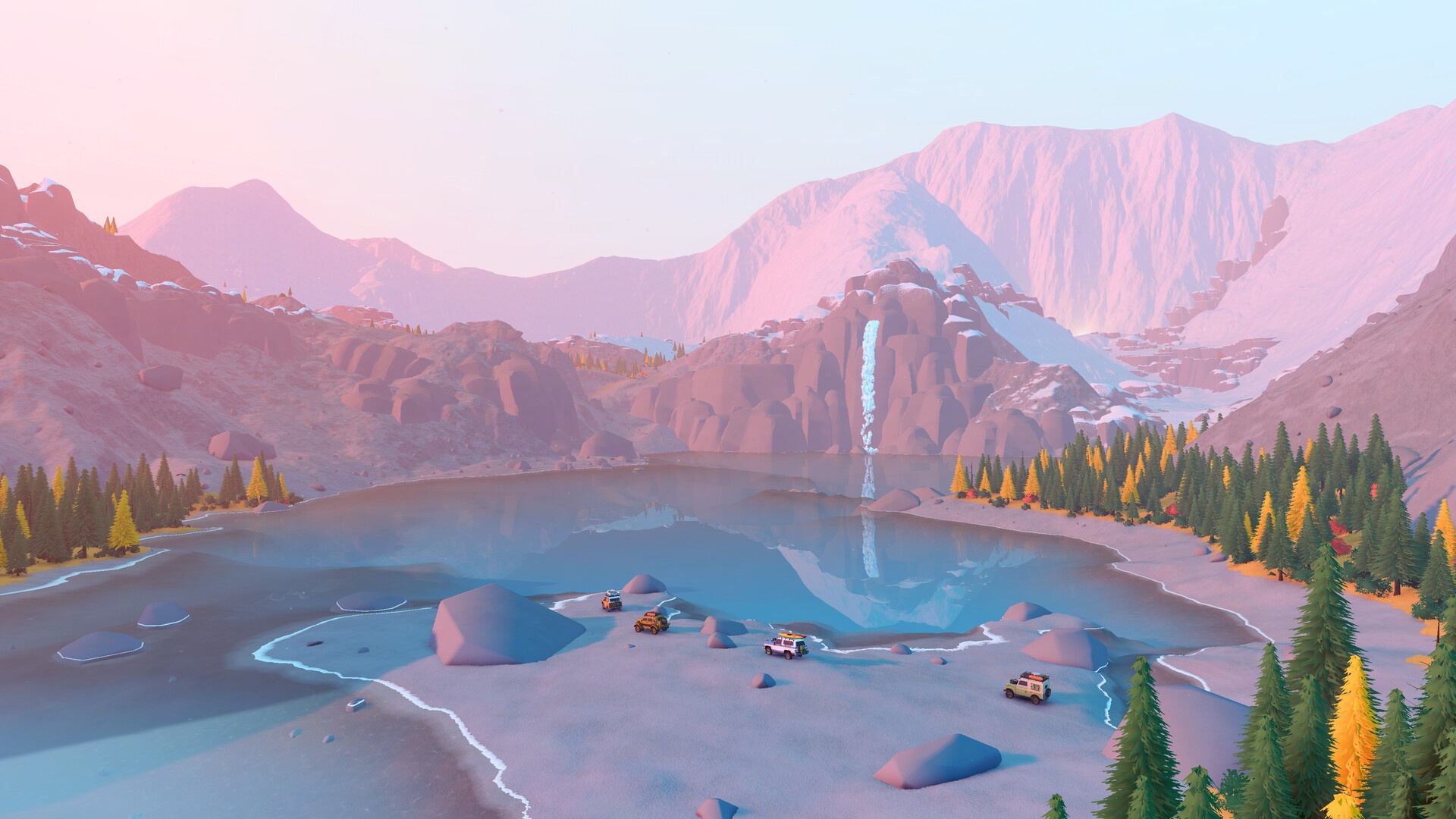 Over the Hill: Ein Bergsee mit Wasserfall im Abendlicht