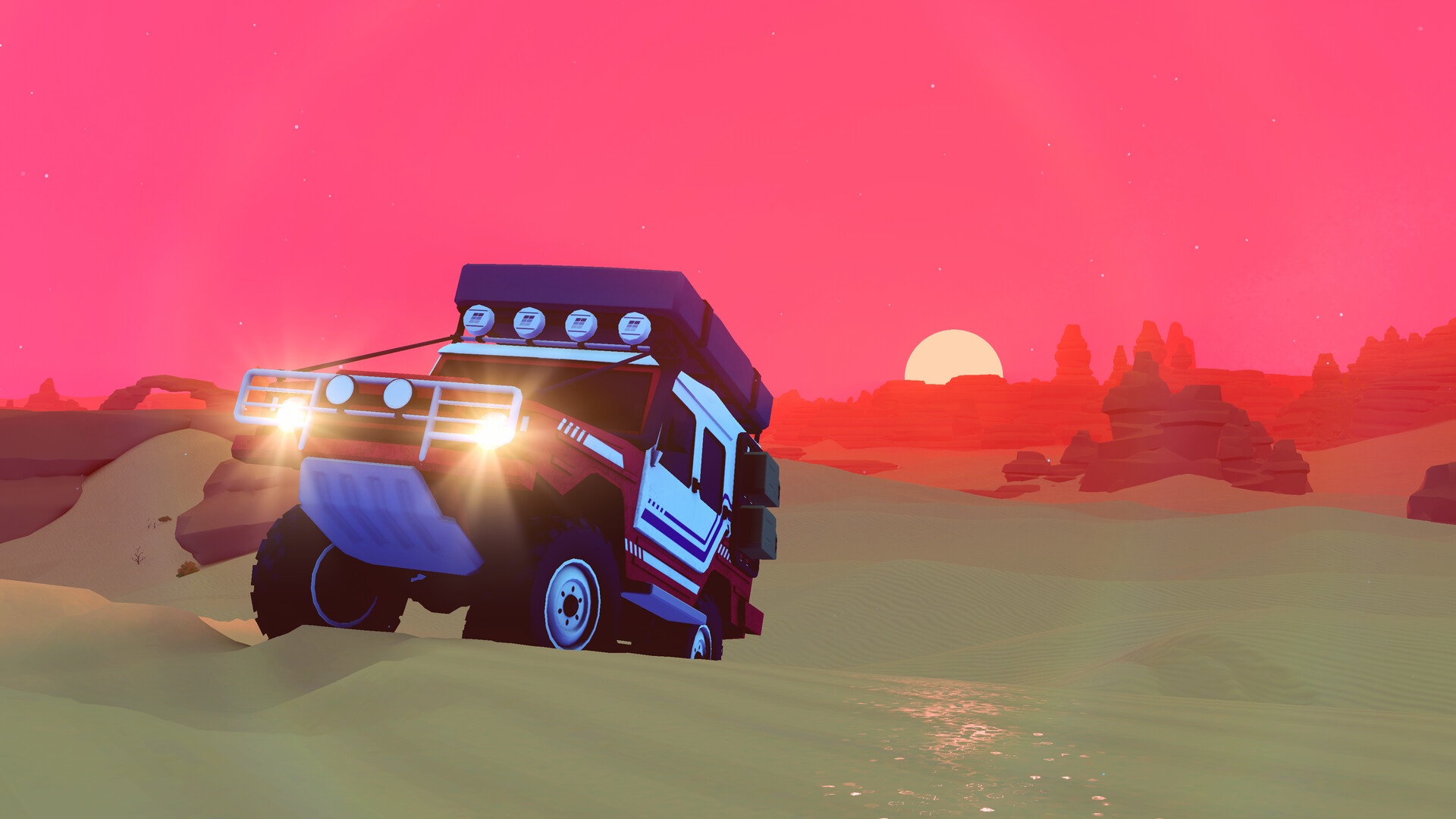 Over the Hill: Ein Truck fährt im Sonnenuntergang durch rötliches Gelände