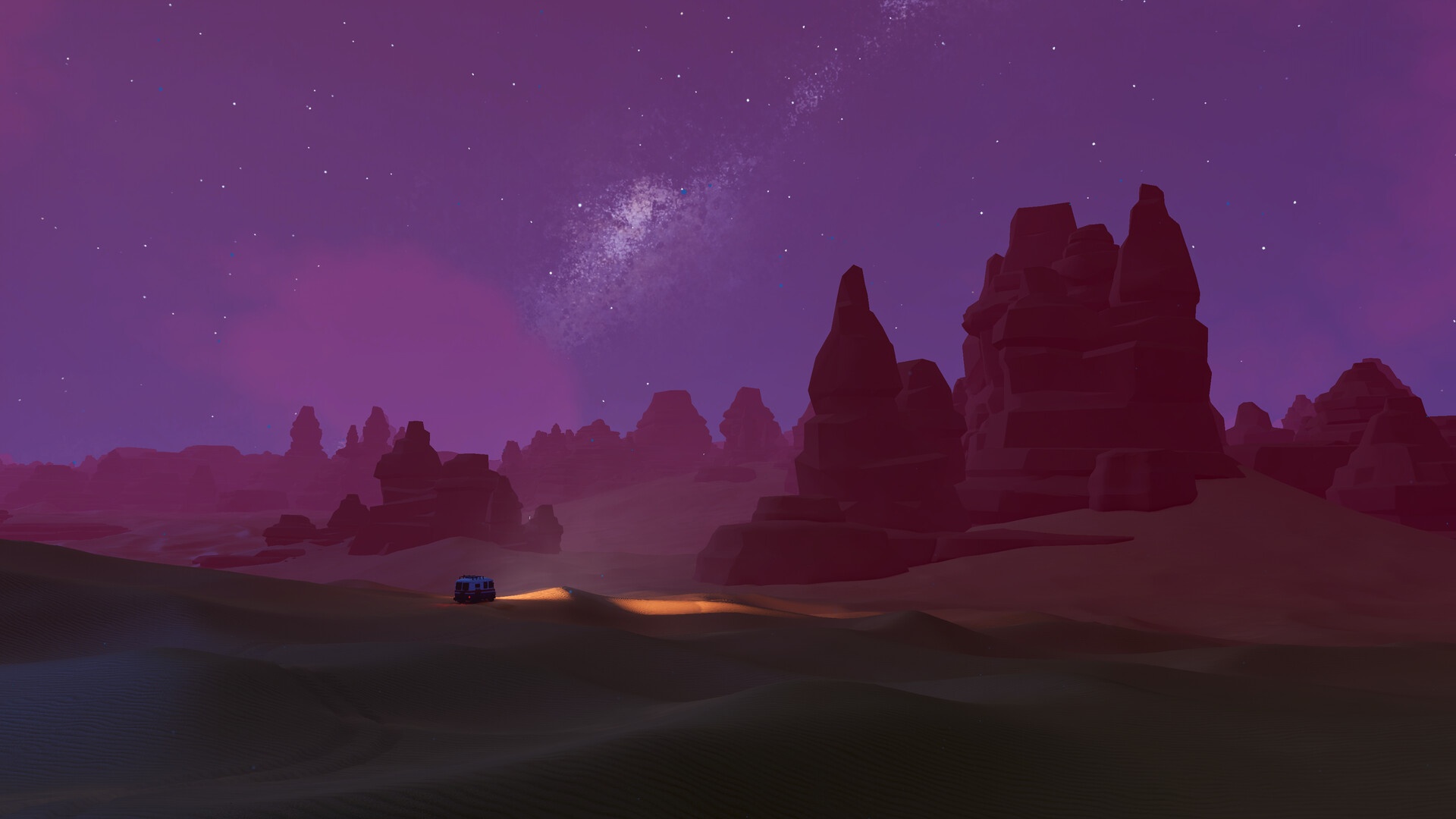 Over the Hill: Ein Wagen unter dem Sternenhimmel zwischen Felsen
