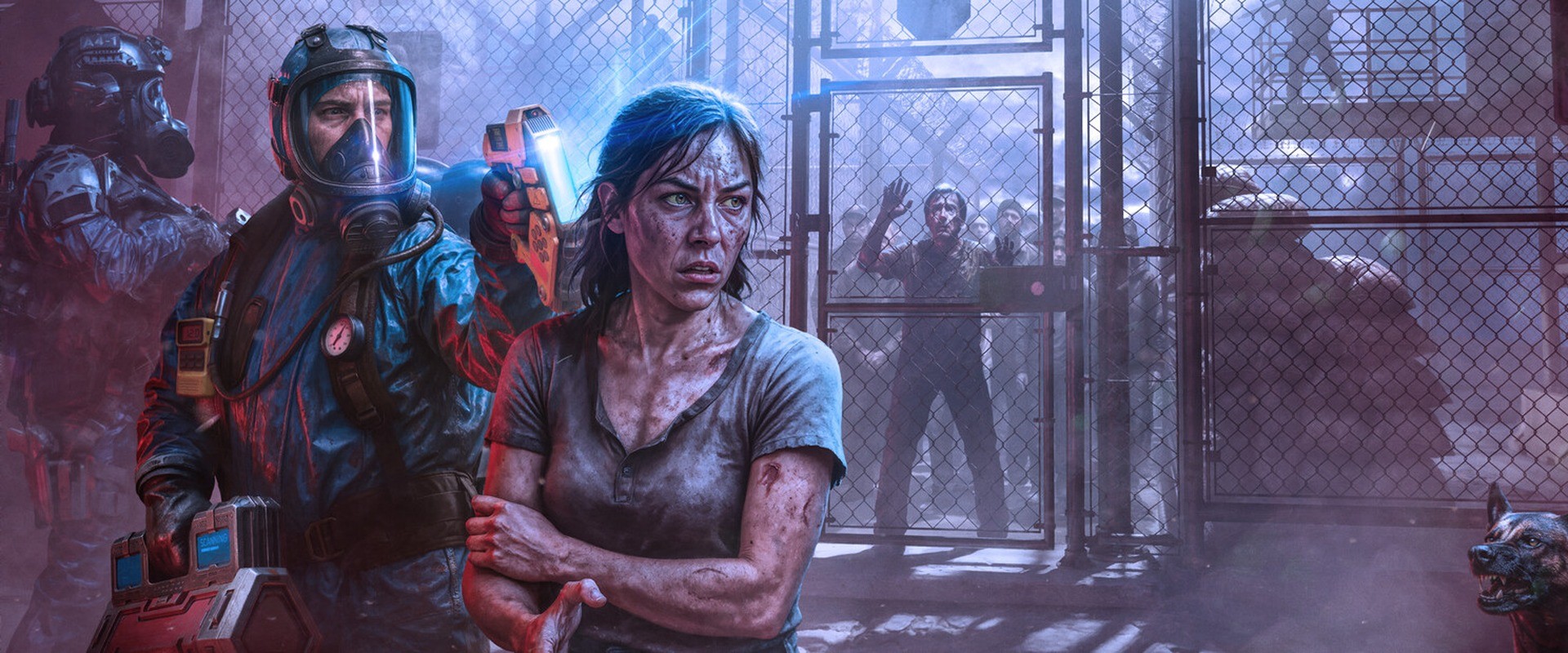 Quarantine Zone: The Last Check: Key Art: Ein Wachmann im Schutzanzug und eine Überlebende vor dem Zaun voller Zombies