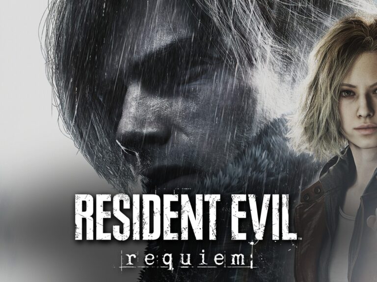 Resident Evil Requiem Key Art mit Grace Ashcroft und Leon S. Kennedy im Regen, offizielles Logo