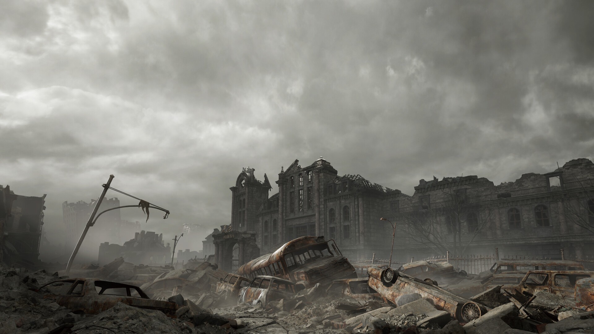 Resident Evil Requiem: Die Ruinen von Raccoon City unter grauem Himmel