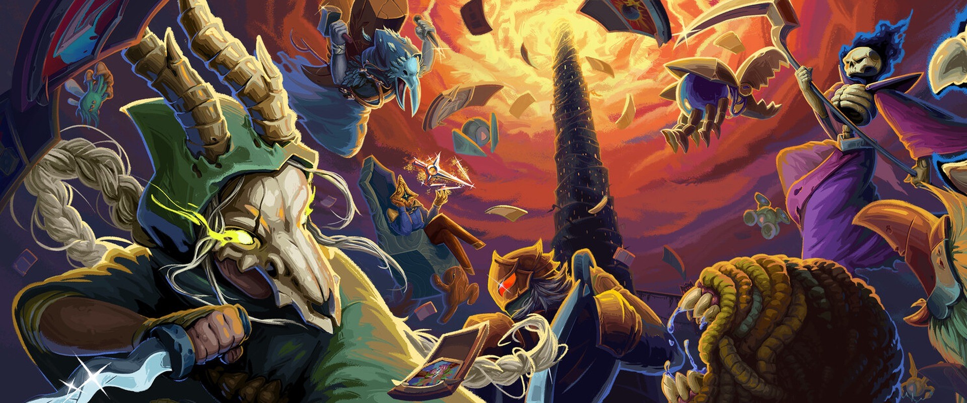 Slay the Spire 2: Key Art mit dem Necrobinder, der Ironclad und Kreaturen vor dem Spire