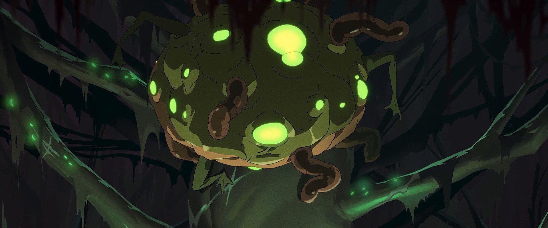 Slay the Spire 2: Eine riesige Kreatur mit leuchtend grünen Augen im Dschungel