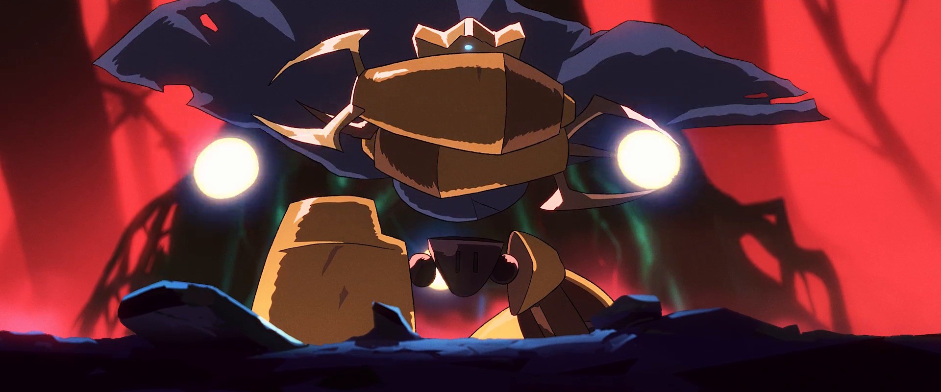 Slay the Spire 2: Ein gepanzerter Boss mit glühenden Augen vor rotem Hintergrund