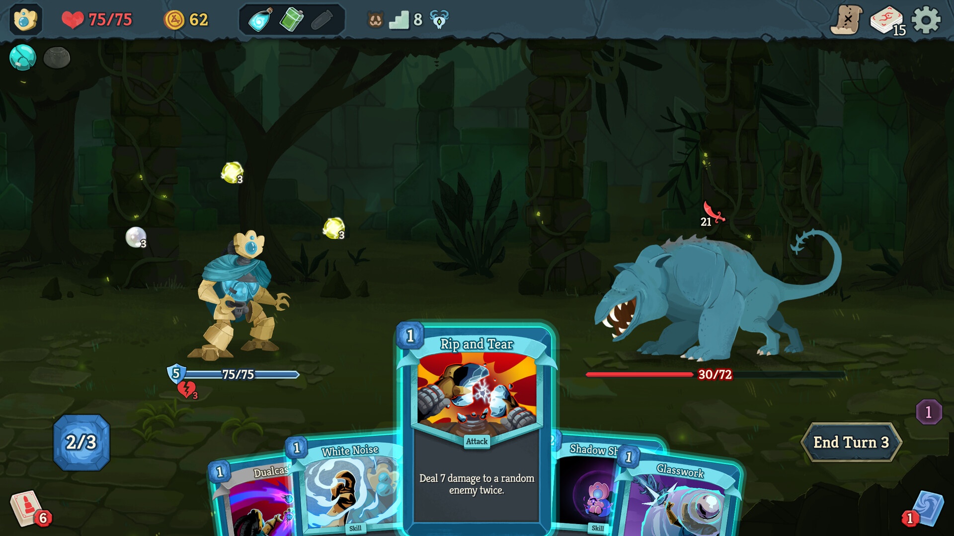 Slay the Spire 2: Kampf im Dschungel: Die Ironclad tritt mit ihrem Kartendeck gegen eine Kreatur an