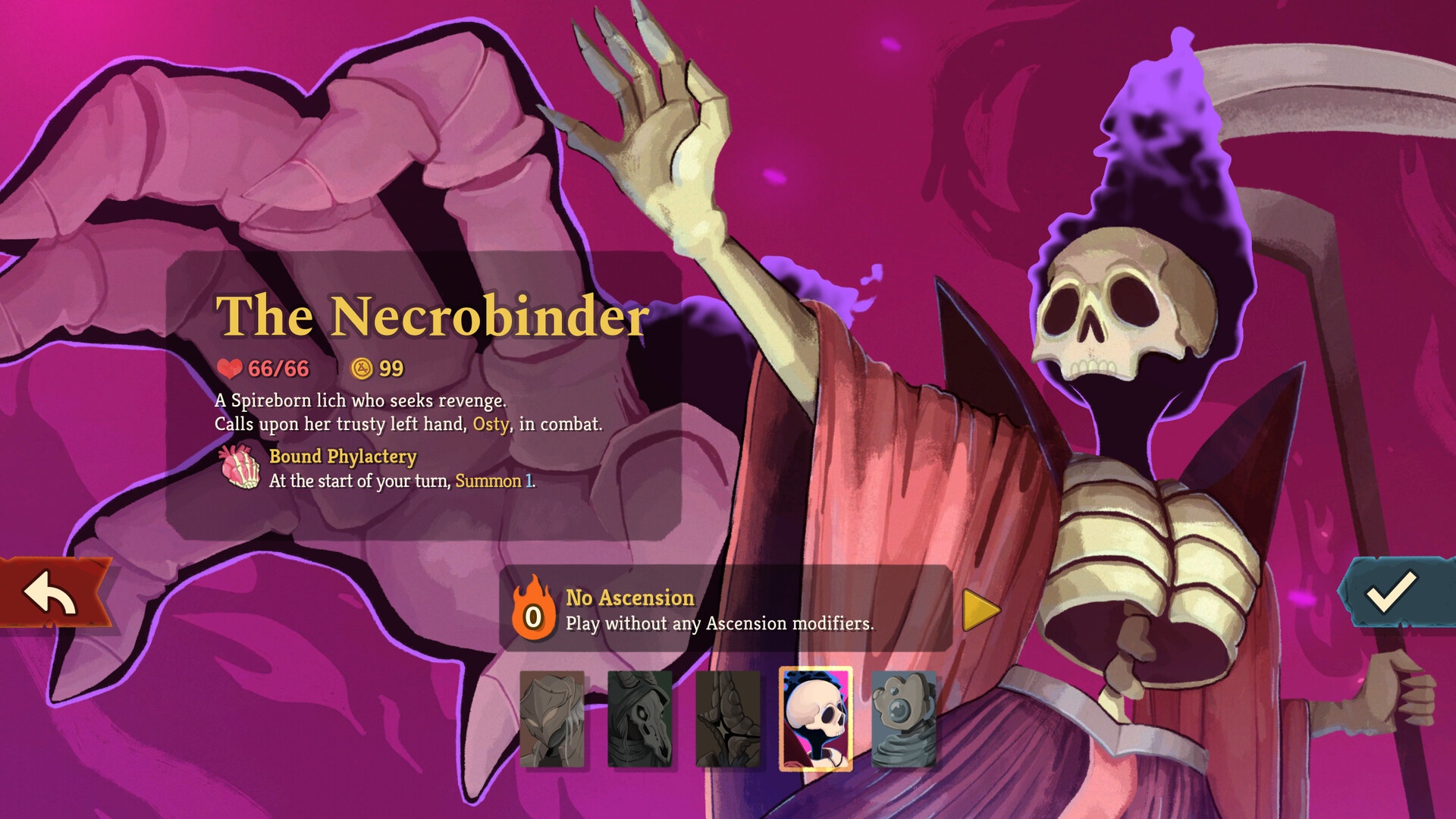 Slay the Spire 2: Charakterauswahl: Der Necrobinder mit seinem Skelett-Begleiter