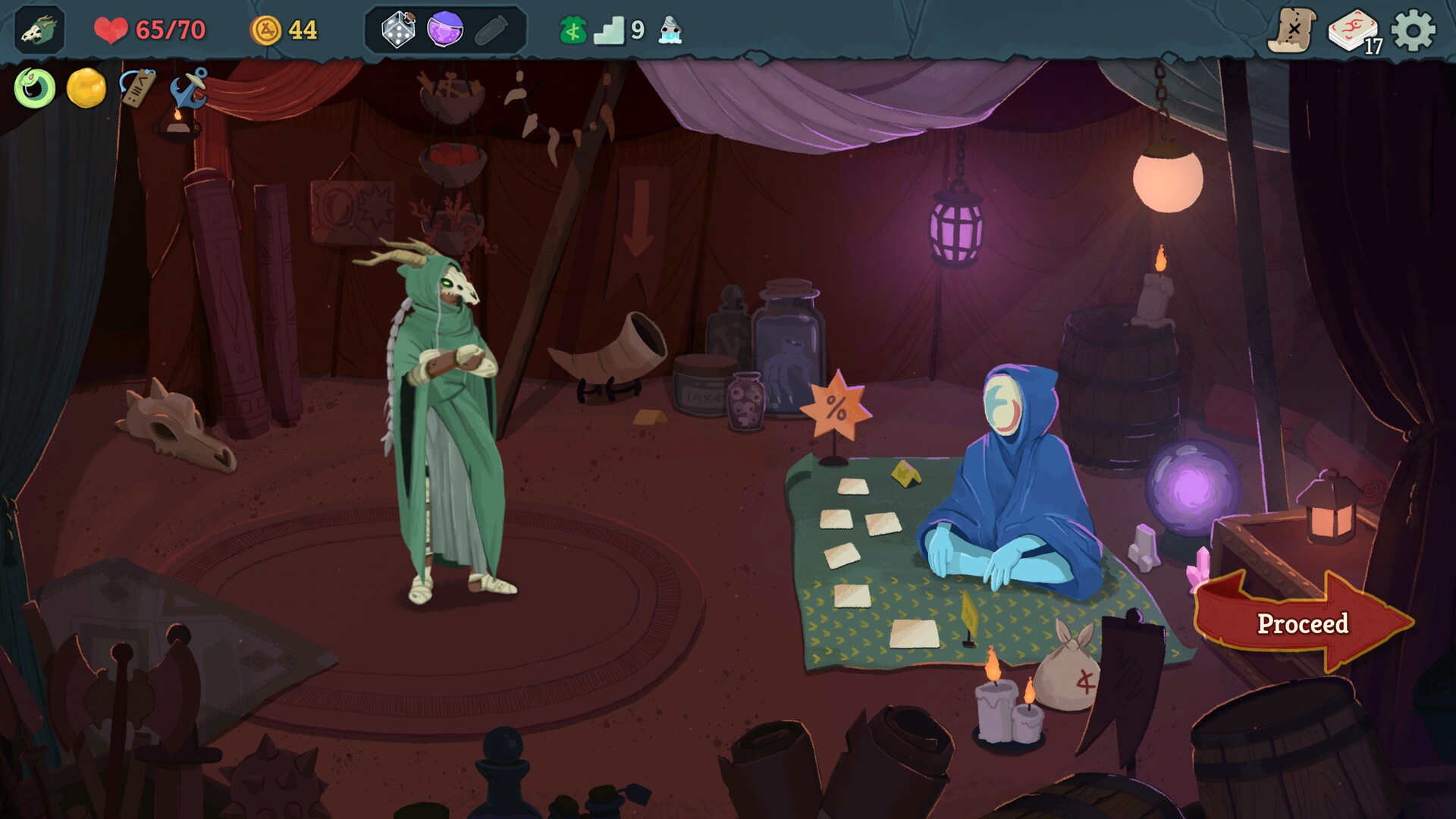 Slay the Spire 2: Händler-Szene in einem Zelt mit Karten, Relikten und Tränken