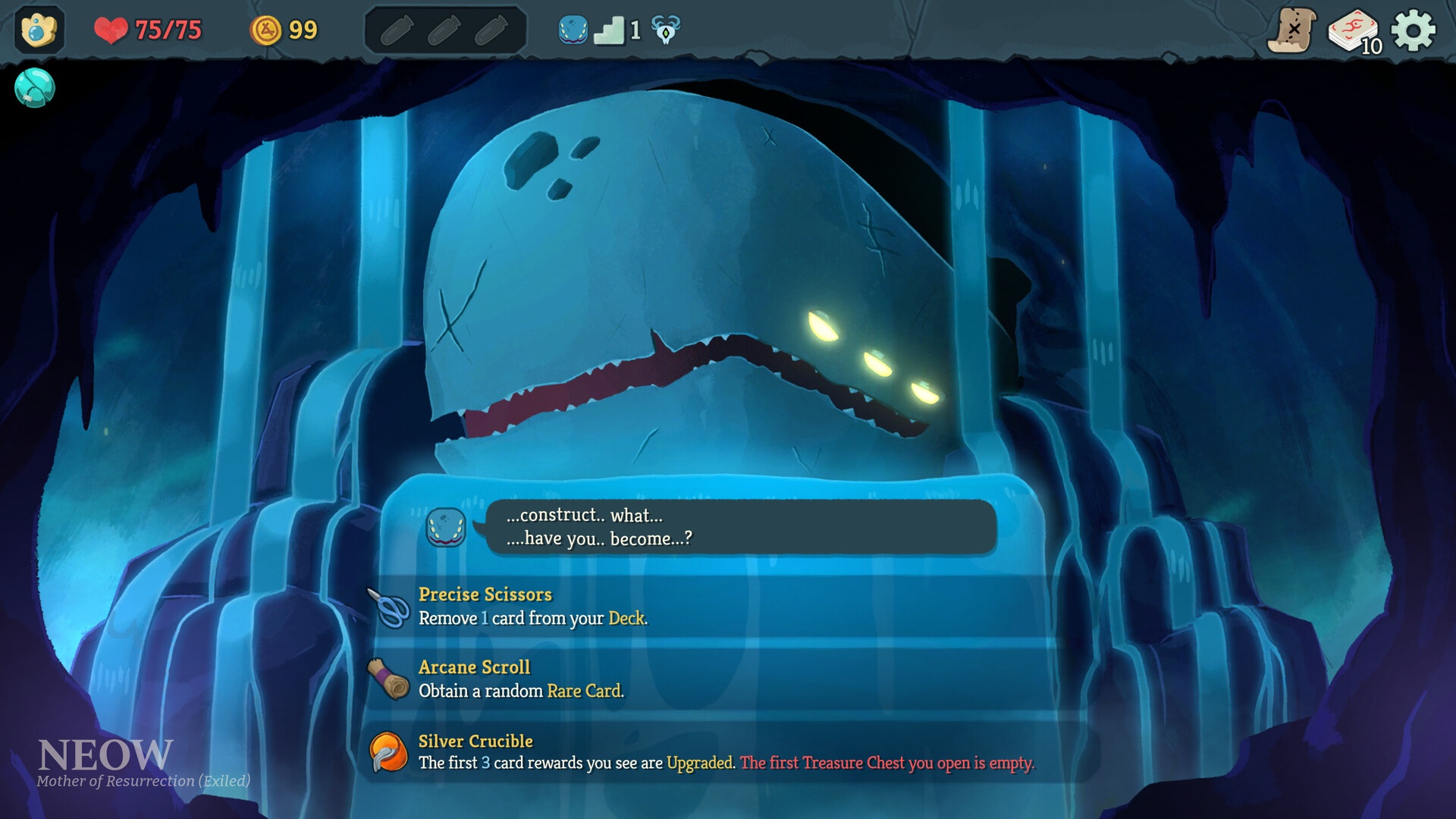 Slay the Spire 2: Begegnung mit dem uralten Neow vor einer riesigen Steinstatue