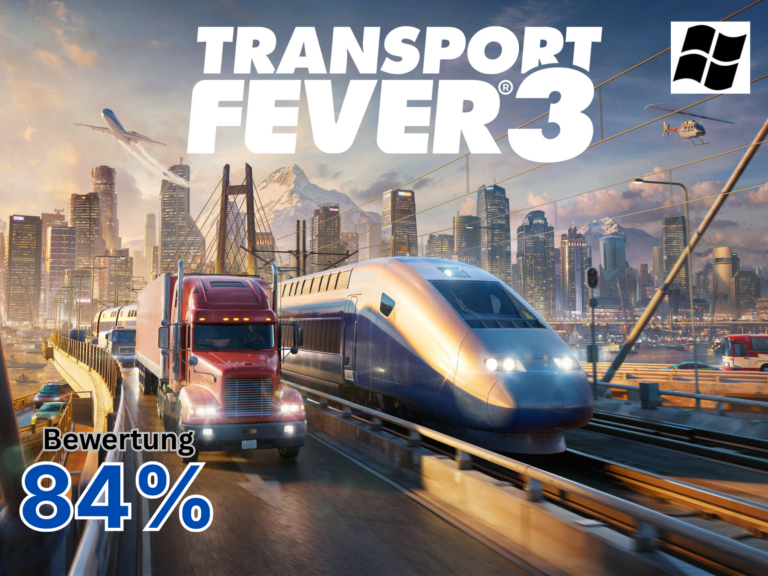 Spielcover von Transport Fever 3 mit Lastwagen und Hochgeschwindigkeitszug vor einer Stadtkulisse