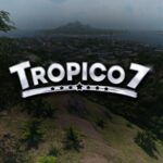Tropico 7: Spielszene mit offiziellem Logo
