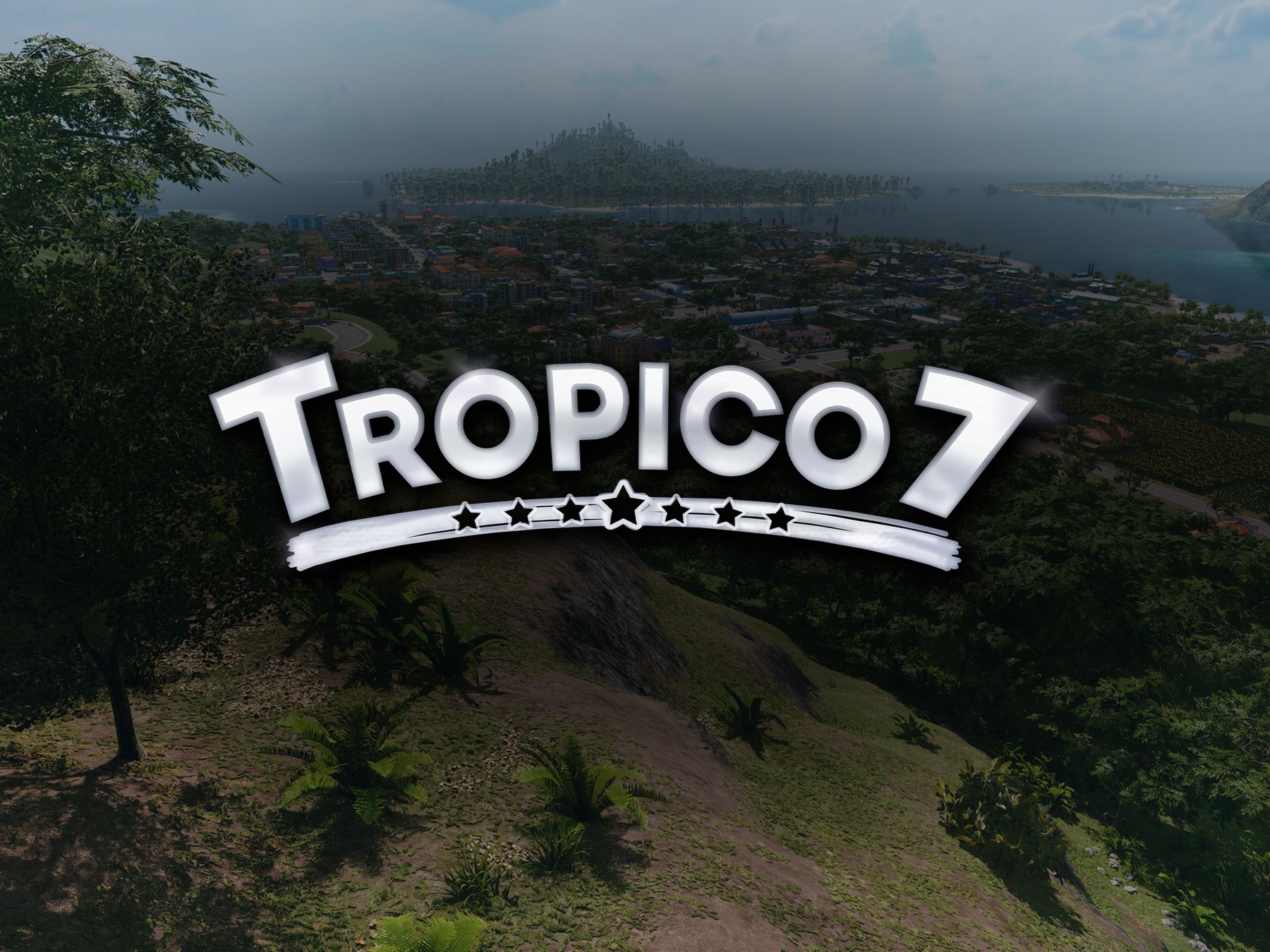 Tropico 7: Spielszene mit offiziellem Logo