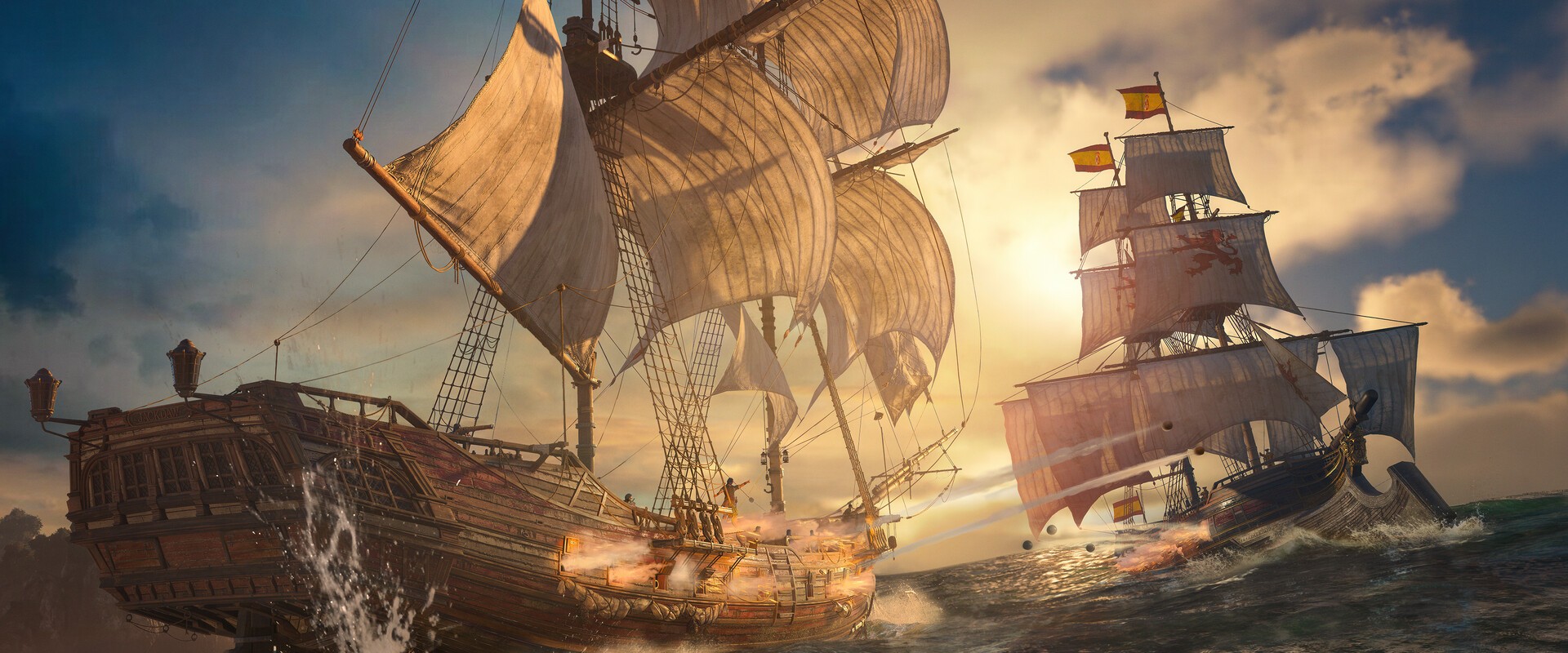 Assassin’s Creed Black Flag Resynced – Die Jackdaw segelt im Sonnenuntergang neben einer spanischen Galeone