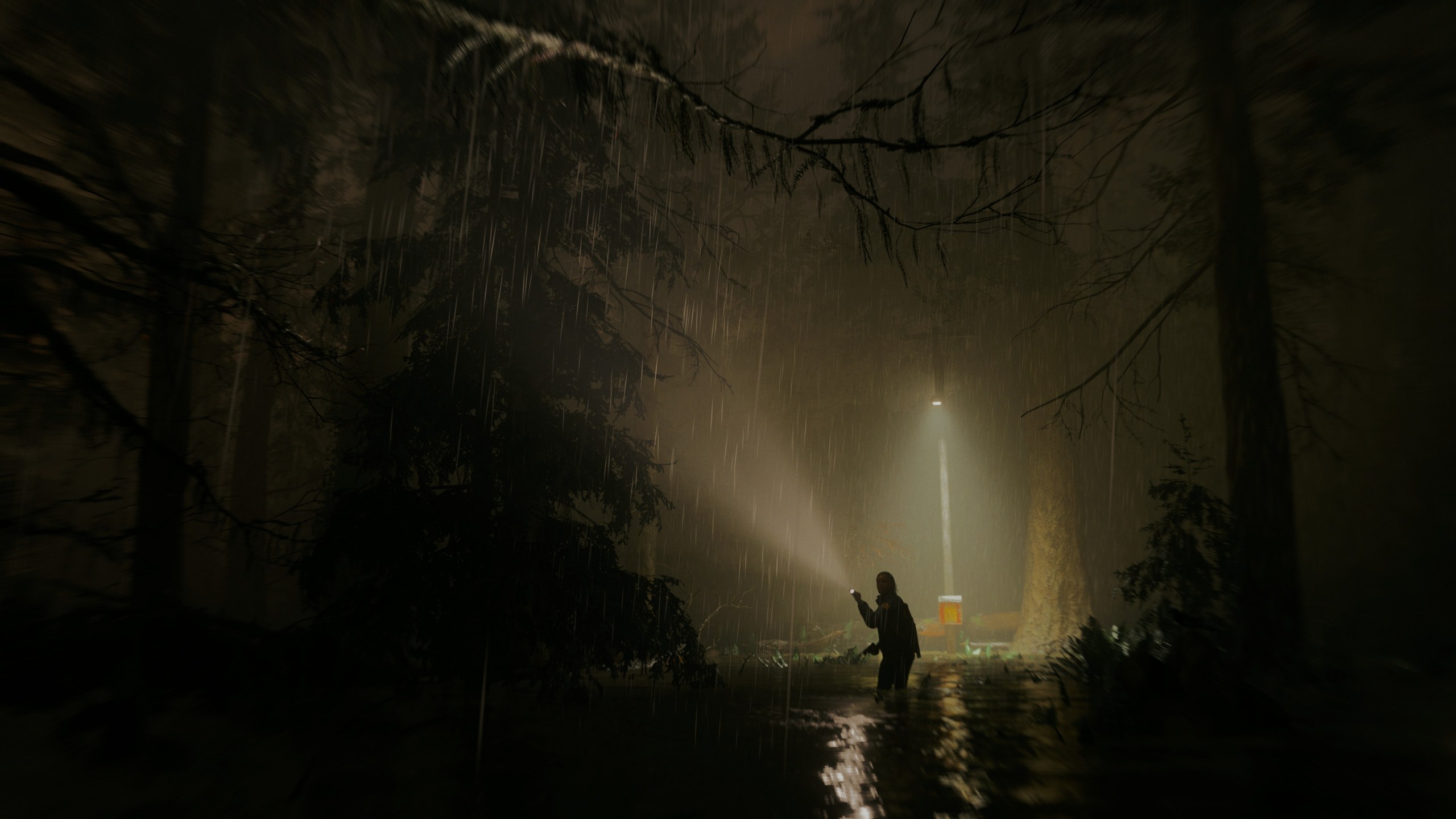 Alan Wake 2 – Figur mit Taschenlampe in einem dunklen Wald