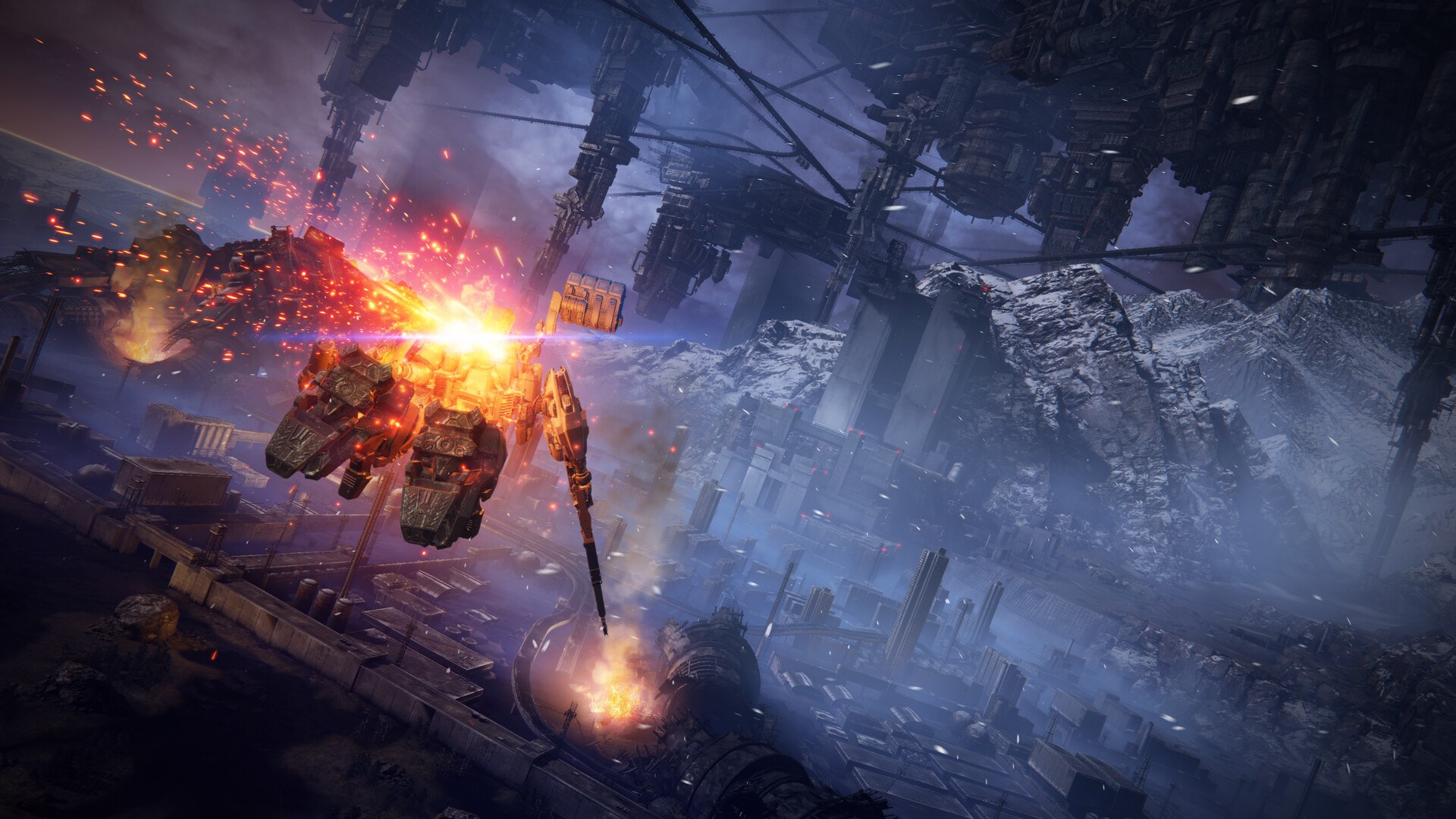 Armored Core VI: Ein Mech fliegt durch eine dunkle Industriekulisse