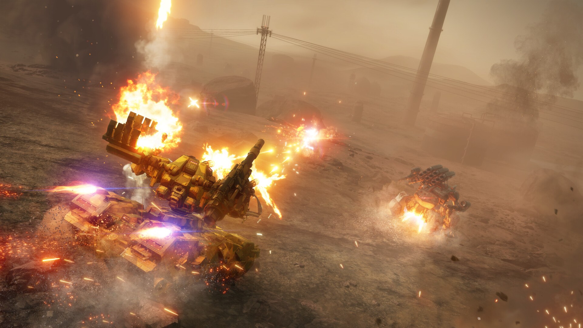 Armored Core VI: Ein Mech zerstört Fahrzeuge in einer staubigen Explosion