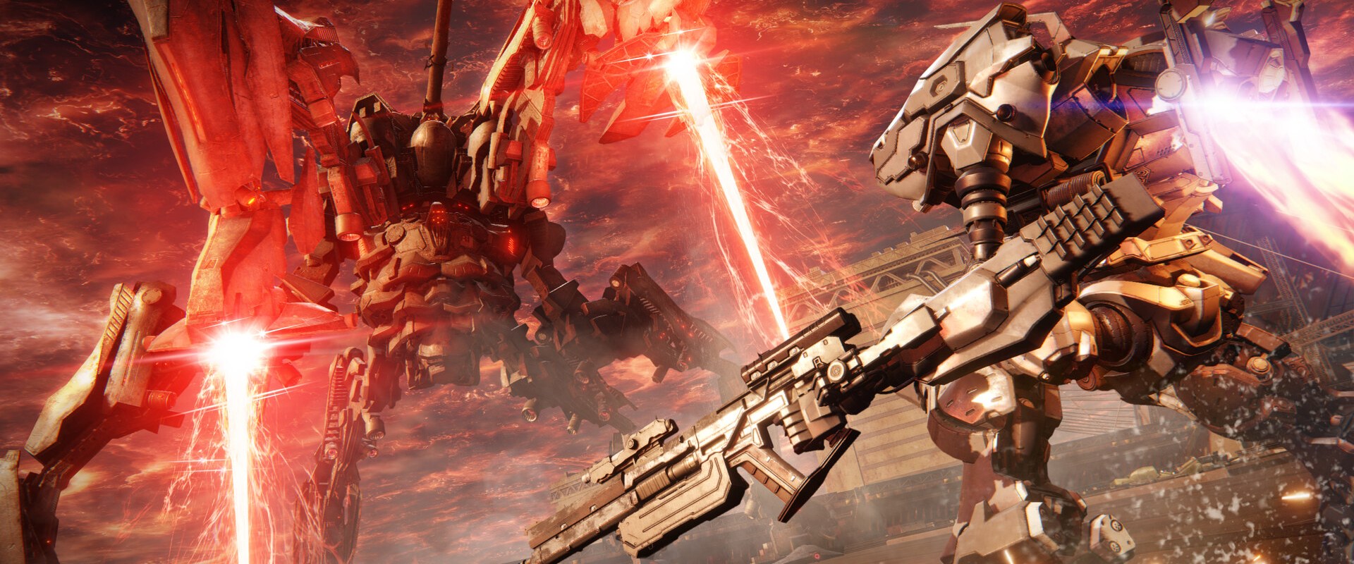 Armored Core VI: Zwei Mechs im Gefecht vor einem roten Laserstrahl