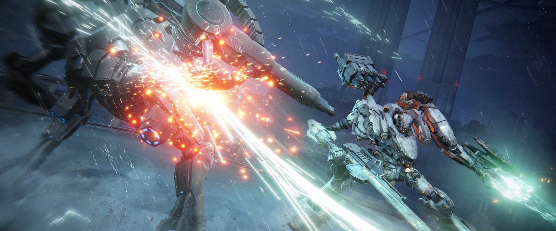 Armored Core VI: Ein Mech feuert in einer Industrieanlage auf einen Gegner