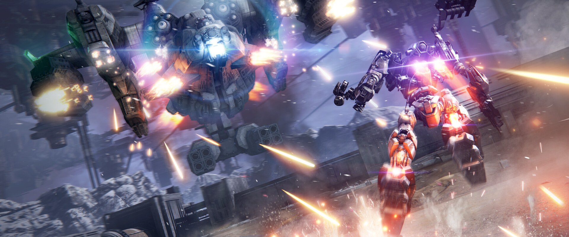 Armored Core VI: Mehrere Mechs kämpfen in einer Wüstenlandschaft