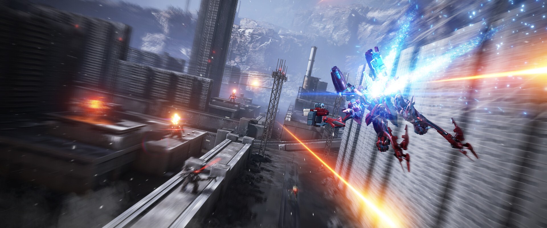 Armored Core VI: Ein Mech fliegt durch eine dunkle Industriekulisse