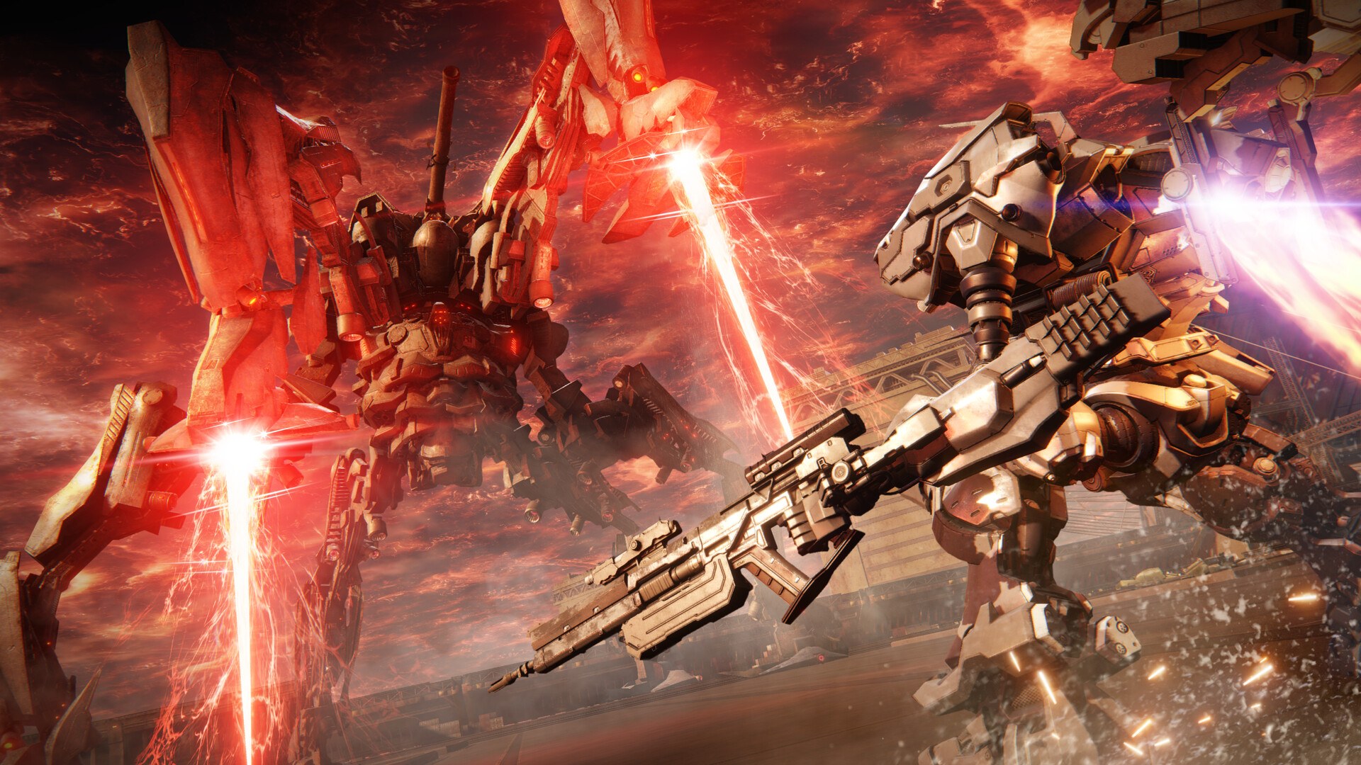 Armored Core VI: Zwei Mechs im Gefecht vor einem roten Laserstrahl